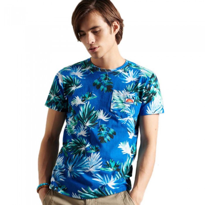 [해외]슈퍼드라이 Allover Print Pocket 반팔 티셔츠 137906343 Brush Palm Blue